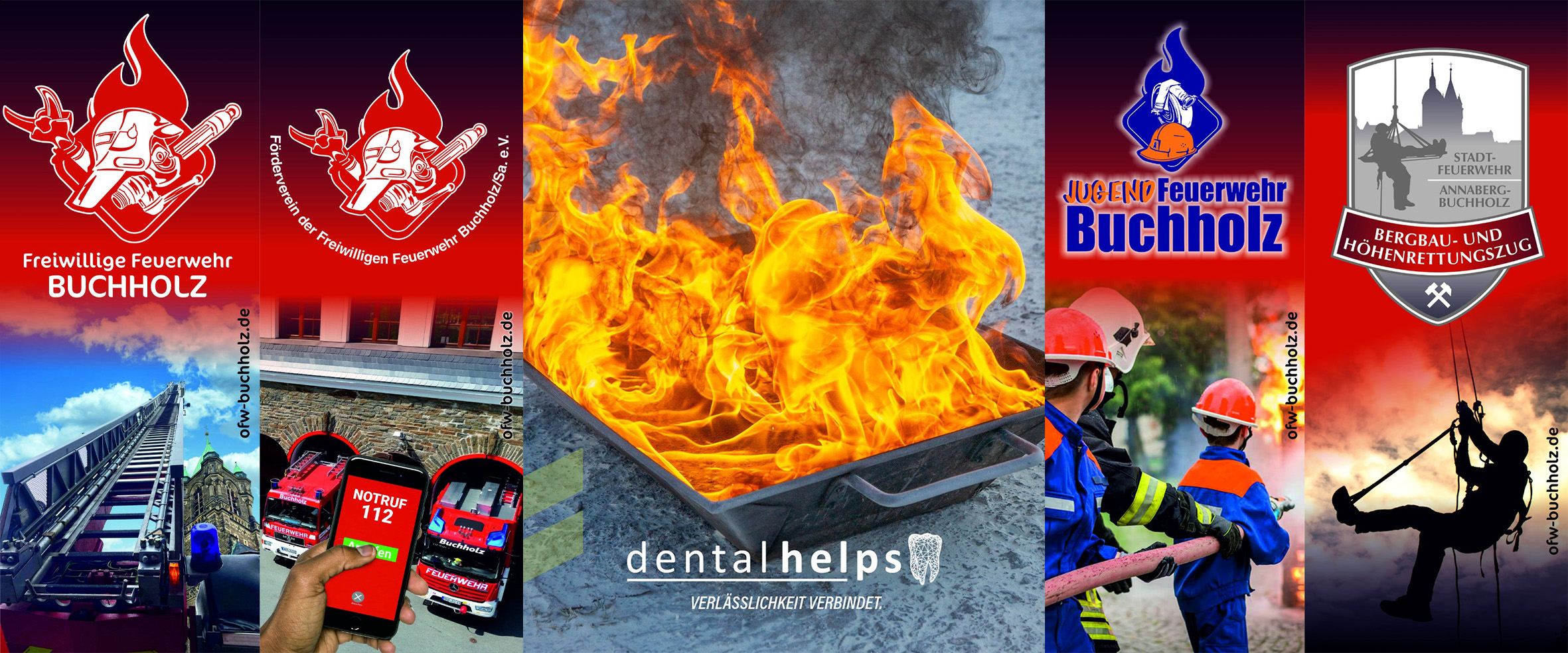 Bildbanner aus Motiven der Abteilungen der FFW Buchholz sowie die Feuerschale zu unserem Brandschutzlehrgang.
